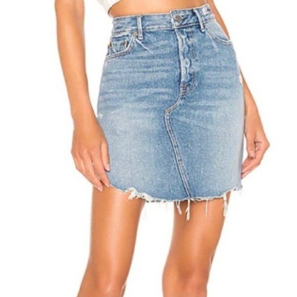 GRLFRND Rhoda High Rise Jean Skirt Distressed Cut Off Denim Asymmetric 25 0 New